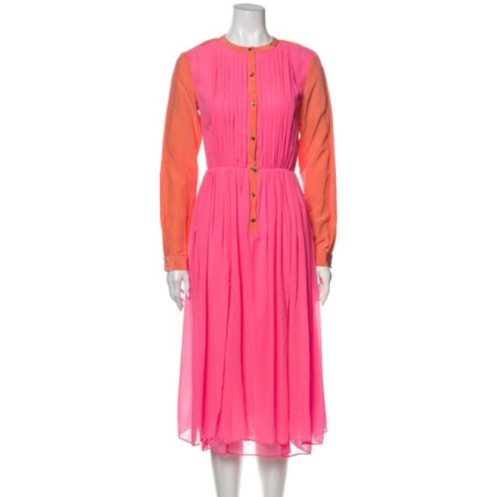 RACHEL ROY Bright Pink Orange Long Sleeve Silk Midi Dress - Picture 2 of 13